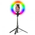 Lazda asmenukei (selfie stick) - trikojis stovas su RGB LED lempa ir nuimamu Bluetooth mygtuku P100-RGB